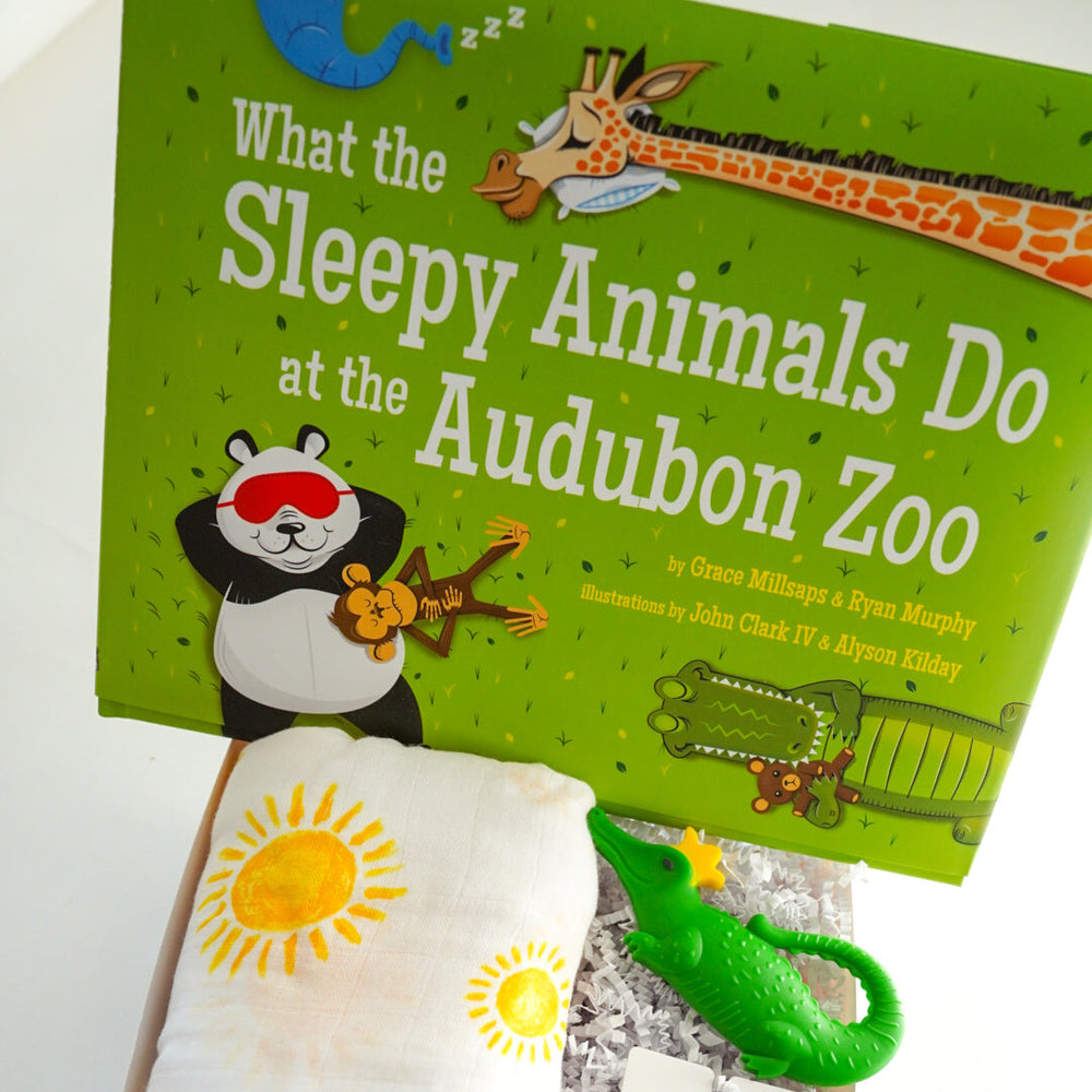 Children's book illustrations by John Clark IV and Alyson Kilday of animals at the Audubon Zoo featuring a panda in a red sleep mask, a green alligator toy, and a yellow sun-patterned baby blanket