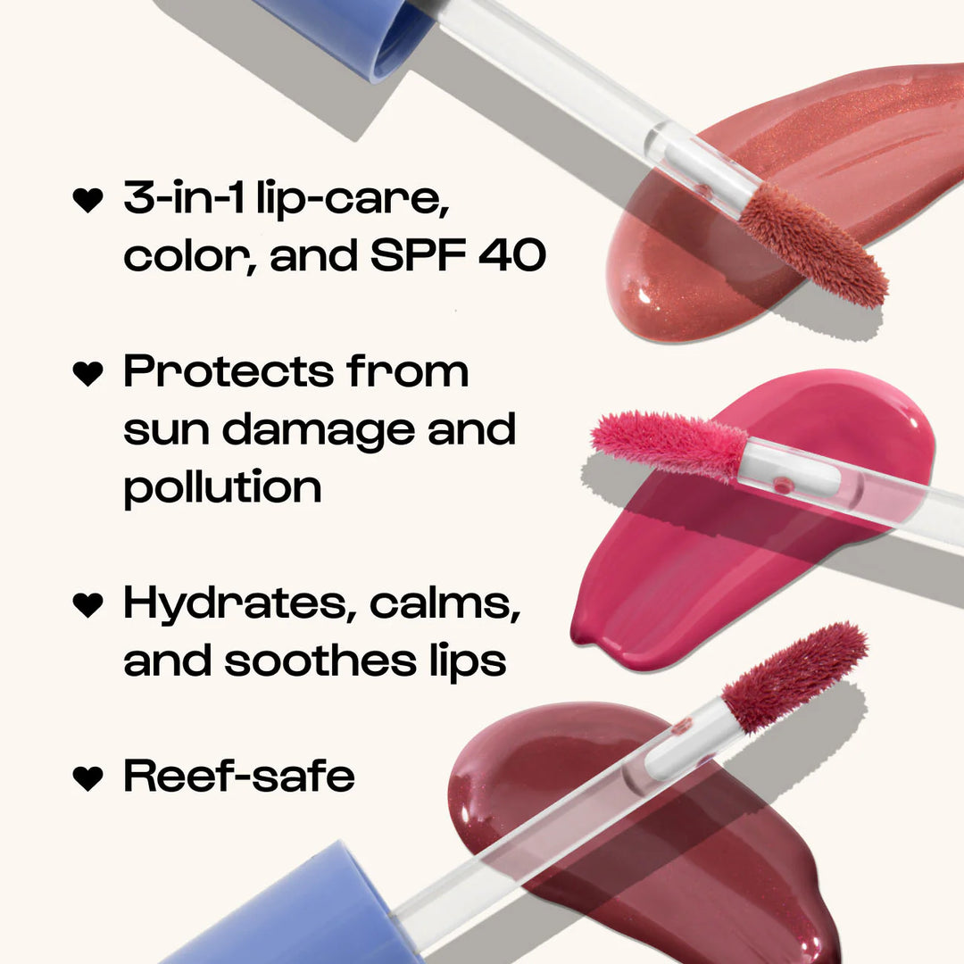 Digital promotional graphic for Iris and Romeo featuring three glossy lip oil swatches in shimmering peach, vibrant pink, and deep plum alongside clear doe-foot applicators and text detailing SPF 40 and reef-safe benefits