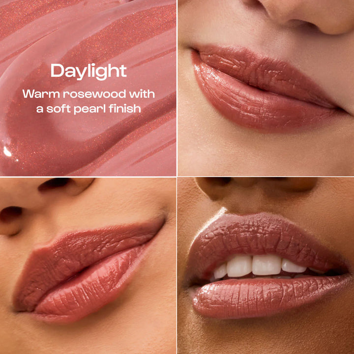 Digital product photography of Daylight warm rosewood lip color with a soft pearl finish featuring a swirled texture swatch and the glossy pigment applied to three diverse skin tones