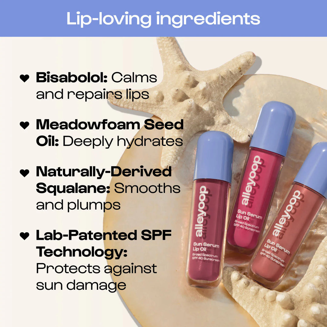 Digital graphic advertisement by Alleyoop featuring three Sun Serum Lip Oil tubes with periwinkle blue caps and vibrant berry tones resting on a textured tan starfish and seashell beside a list of ingredients like Bisabolol and Squalane