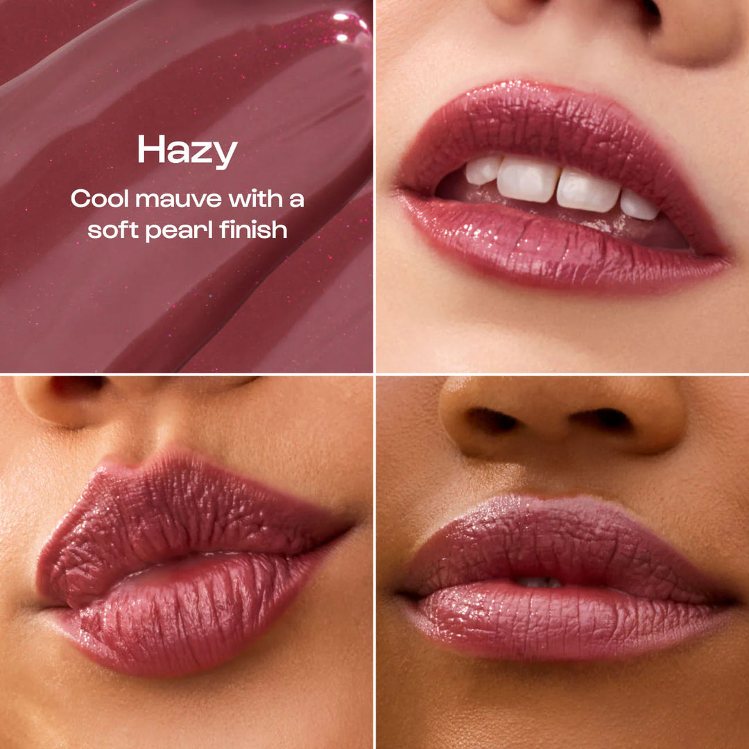 Hazy shade, "cool mauve with a soft pearl finish," shown on three sets of lips
