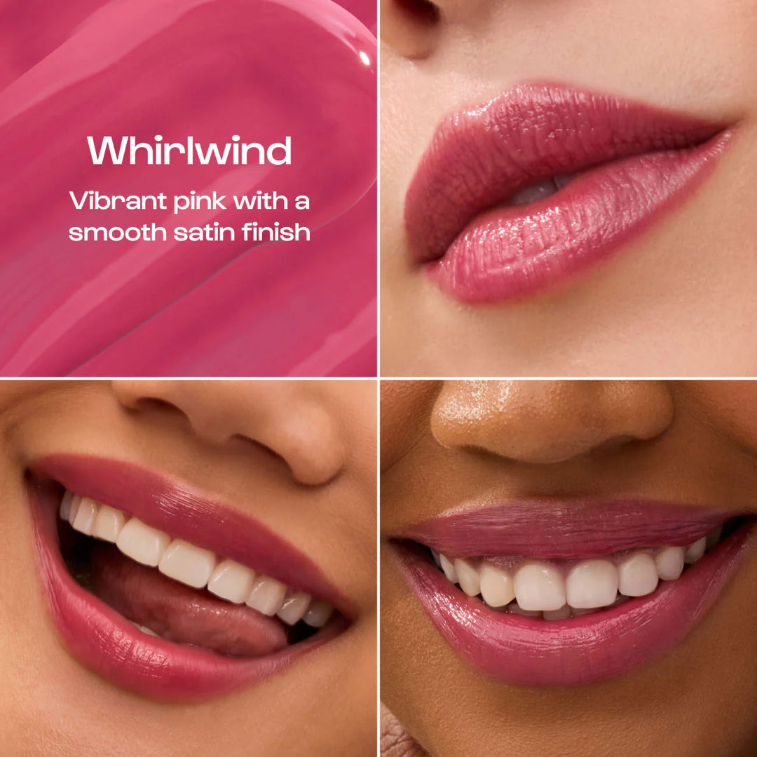 Whirlwind shade, "vibrant pink with a smooth satin finish," shown on three sets of lips