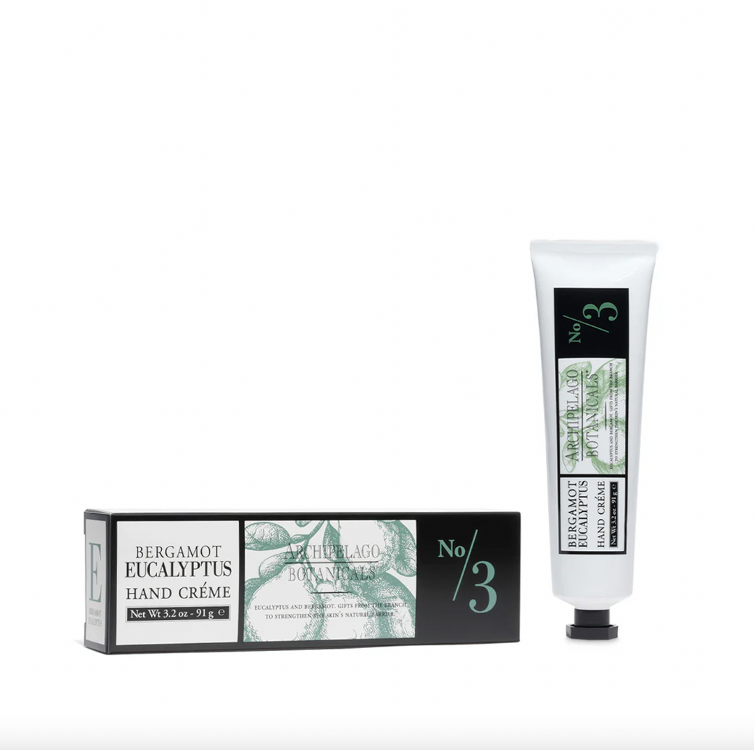 Product photograph of Archipelago Botanicals Bergamot Eucalyptus Hand Crème packaging on a white background featuring sage green botanical illustrations and bold No 3 branding