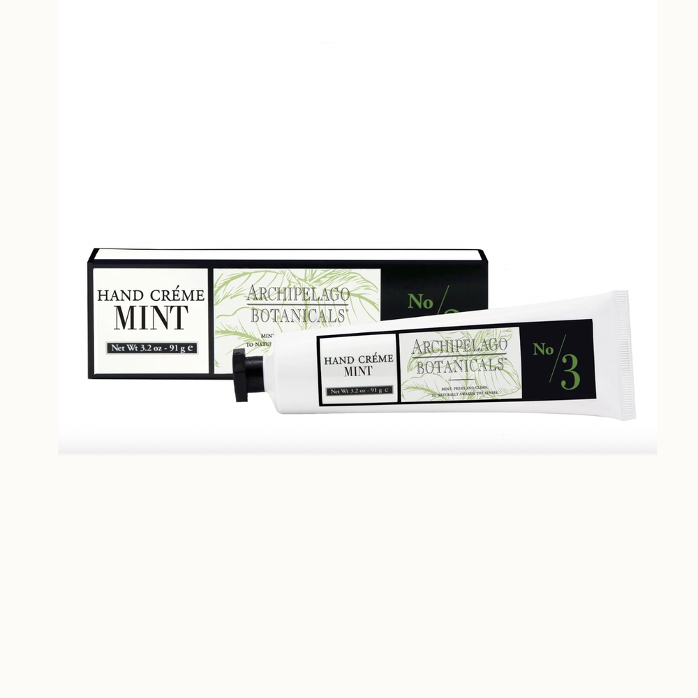 Commercial product photography of Archipelago Botanicals Mint Hand Créme featuring a white tube and box against a plain background with delicate pale green botanical leaf sketches and bold black No 3 typography
