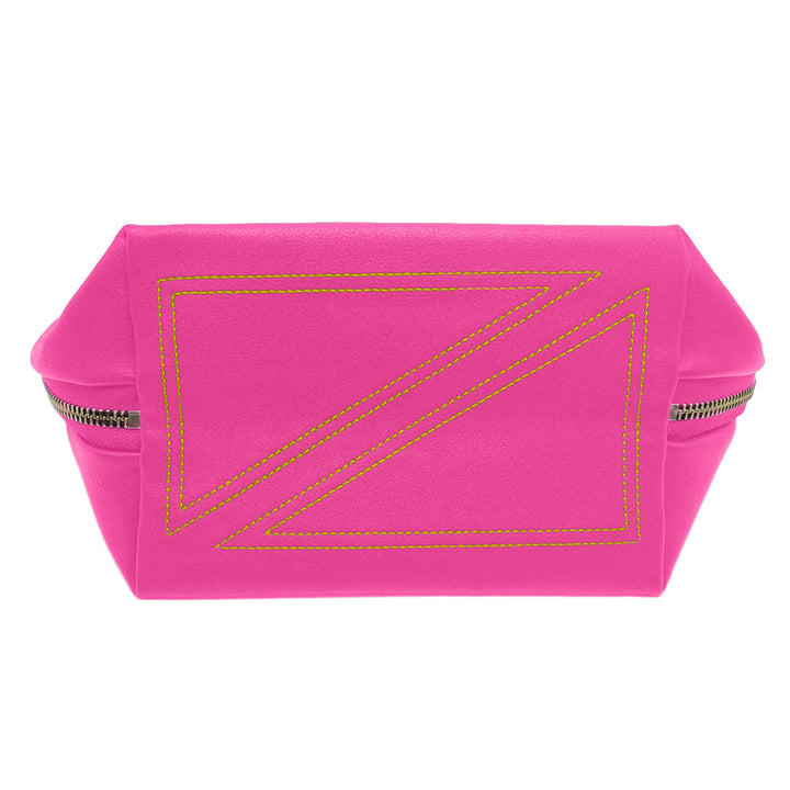 Vibrant pink leather cosmetic bag isolated on a white background featuring unique neon yellow triangular topstitching and a silver metal zipper closure