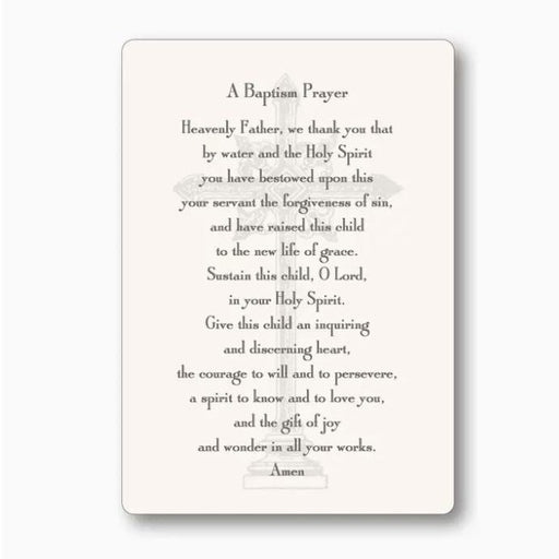 Printed prayer card featuring a baptismal prayer in elegant serif font centered over a faint grey ornate cross watermark on a cream-colored background with rounded corners