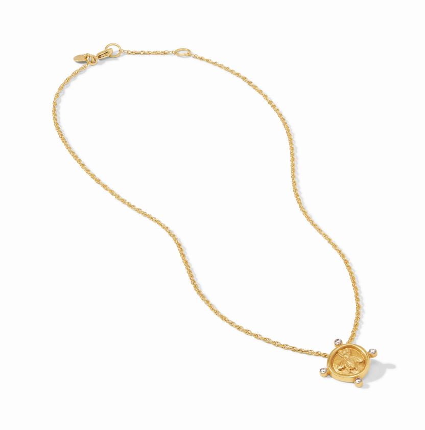 Julie Vos 24k gold-plated necklace featuring a honey bee coin pendant with four sparkling cubic zirconia accents on a textured rope chain against a white background