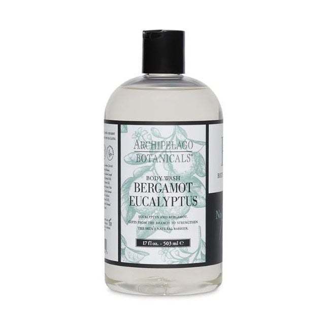 Product photograph by Archipelago Botanicals of a Bergamot Eucalyptus Body Wash bottle featuring the brand logo, sage green botanical leaf illustrations, and a matte black cap against a white studio background