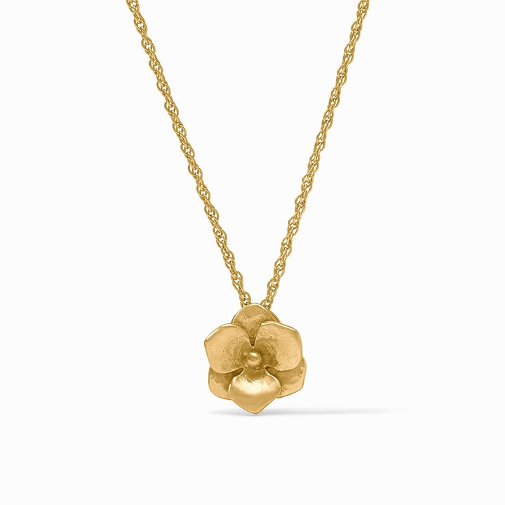 Yellow gold necklace by James Avery featuring a hydrangea blossom pendant centered on a white background with a sculptural five-petal design, a matte textured finish, and a delicate twisted rope chain