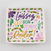 Ceramic trinket tray featuring the New Orleans Mardi Gras slogan Laissez les bon temps rouler with colorful purple beads, gold floral patterns, and music notes