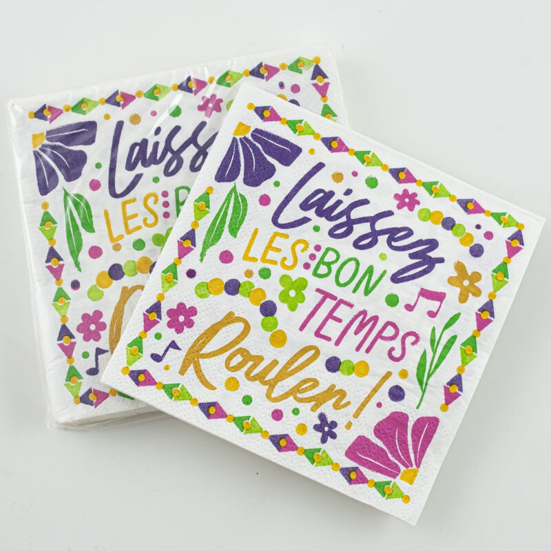 Paper napkins reading "Laissez les bon temps rouler!" with colorful flowers, beads and diamond border