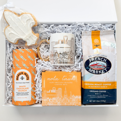 Gift set with cookies, coffee, and a mug in a box