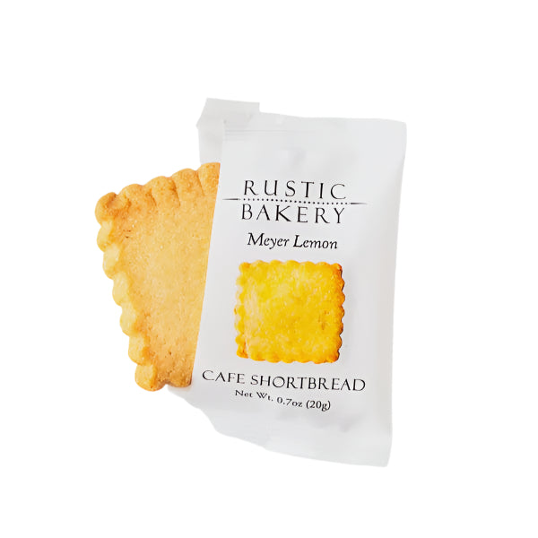 Rustic Bakery Meyer Lemon Café Shortbread single-serve packet with a shortbread cookie beside it
