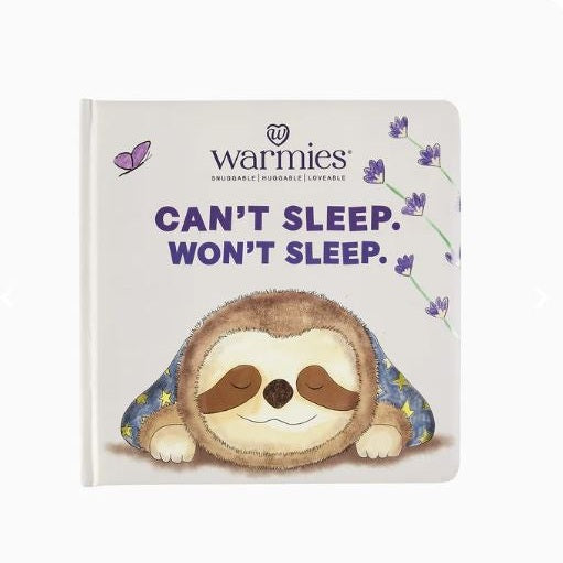Illustrated board book cover by Warmies featuring a smiling sloth sleeping under a blue star-patterned blanket with purple lavender sprigs and a butterfly below the title CAN'T SLEEP WON'T SLEEP