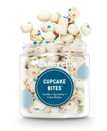 Clear Candy Club jar of Cupcake Bites, white candies with rainbow sprinkles