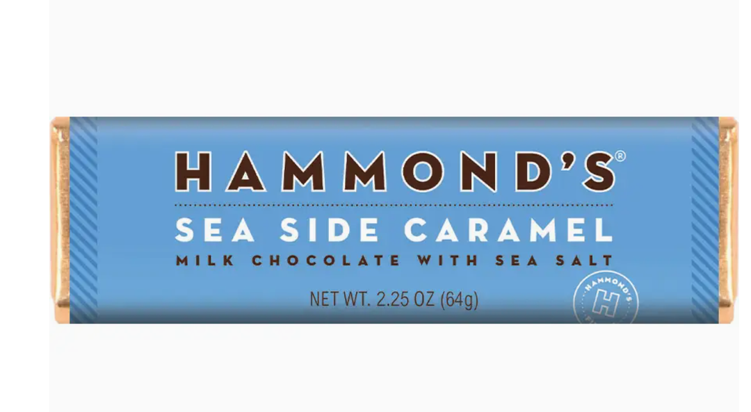 Hammond's Sea Side Caramel milk chocolate bar with sea salt in a blue wrapper