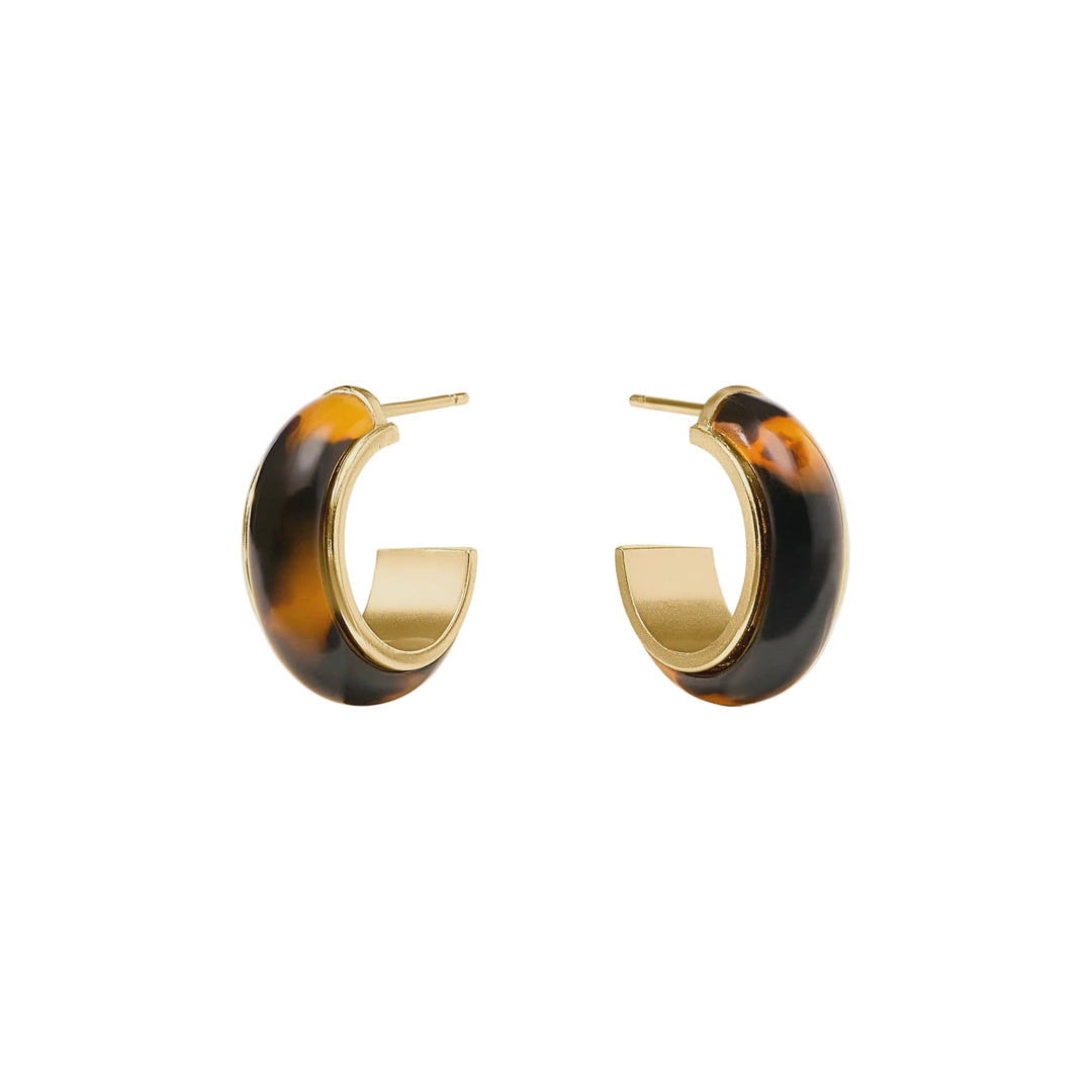 Acetate and gold-toned jewelry featuring a pair of chunky C-hoop earrings centered on a white studio background with a mottled amber tortoiseshell pattern and polished gold-colored interior rims