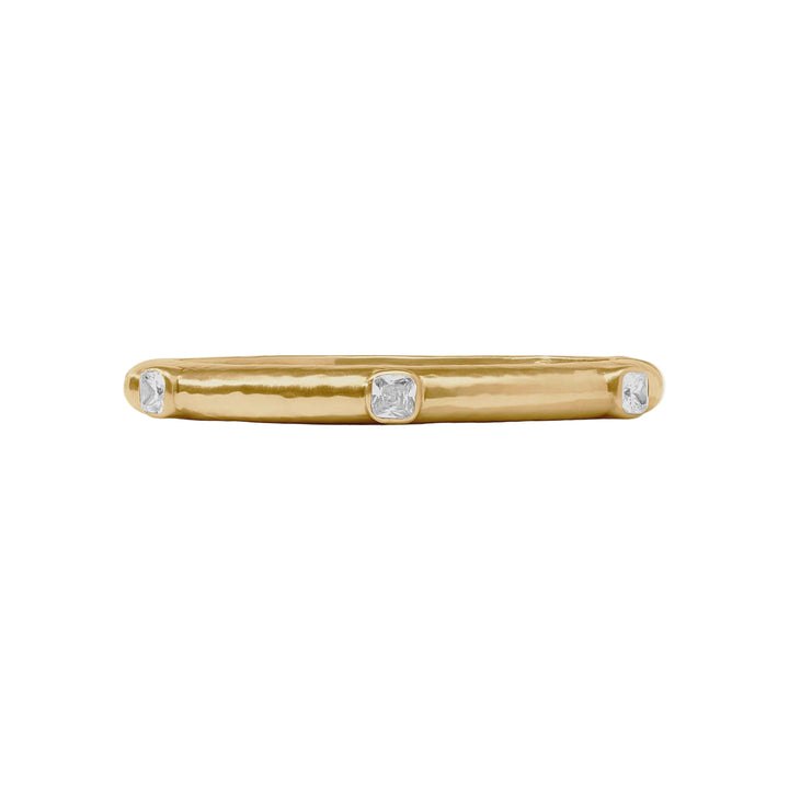 Handcrafted gold jewelry piece featuring a textured hammered yellow gold band accented by three square-cut white diamonds centered on a plain white background