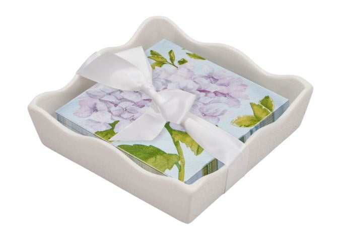 Ceramic Wave Napkin Tray with Cocktail Napkin - Hydrangeas