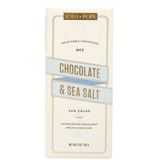 Lolli & Pops Chocolate & Sea Salt bar in a cream wrapper with light blue bands