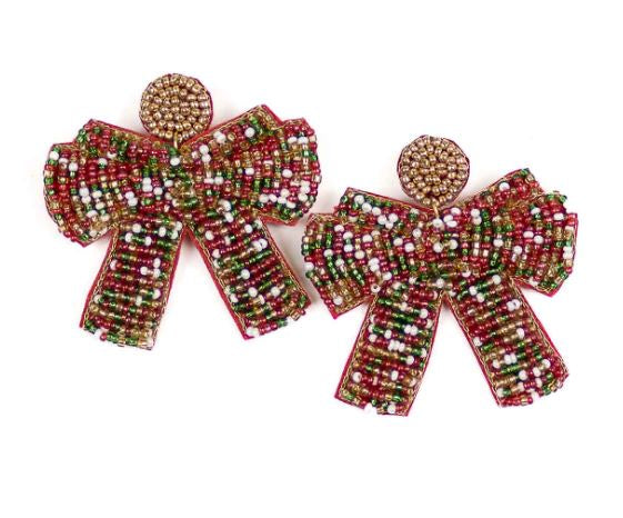 Christmas Bow Beaded Earrings