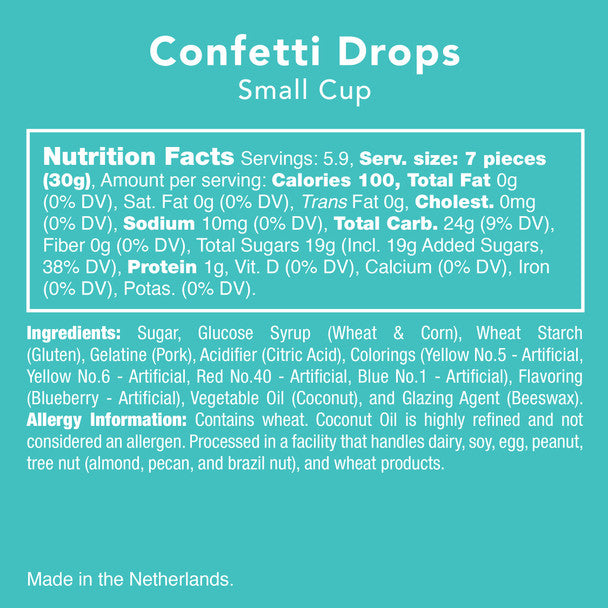 Teal panel with Confetti Drops small cup nutrition facts, ingredients and allergy information
