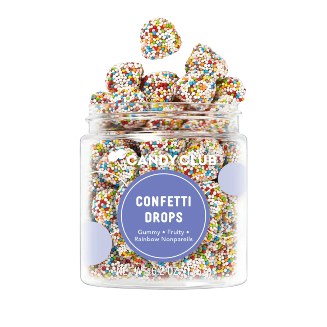 Clear Candy Club jar of Confetti Drops gummies covered in rainbow nonpareils