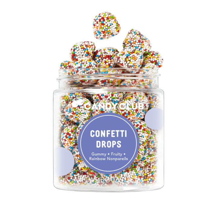 Clear Candy Club jar of Confetti Drops gummies covered in rainbow nonpareils
