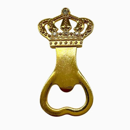 Gold-tone metal bottle opener featuring an intricate filigree crown handle embellished with clear rhinestones and a polished finish against a white background