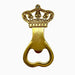Gold-tone metal bottle opener featuring an intricate filigree crown handle embellished with clear rhinestones and a polished finish against a white background