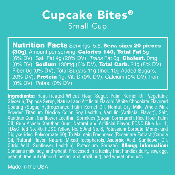 Teal panel with Cupcake Bites small cup nutrition facts, ingredients and allergy information