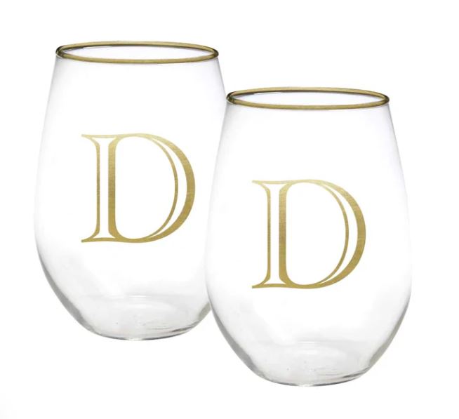 Gold Initial Stemless Wine Glass Set of 2