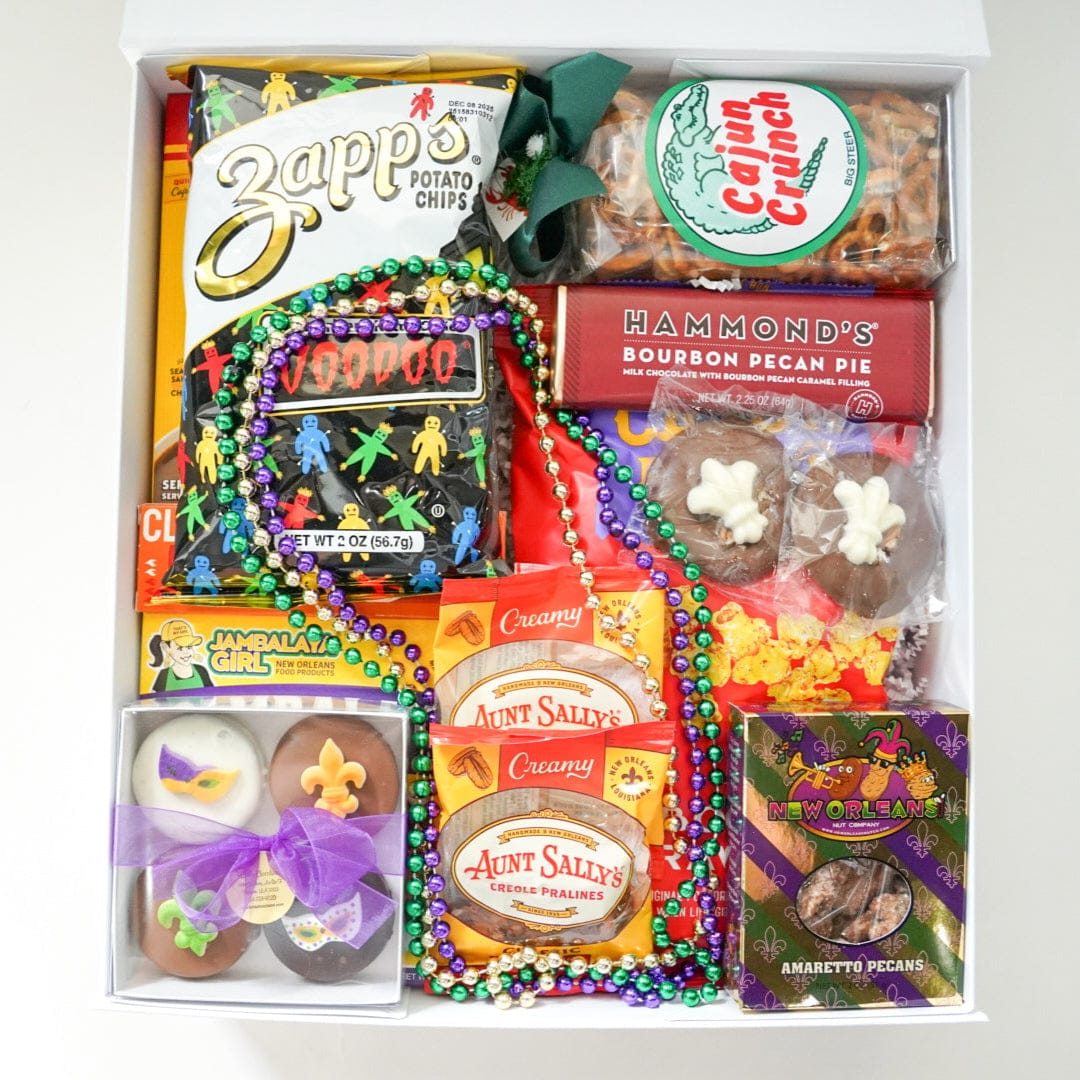 Still life photograph of a New Orleans themed gift box featuring regional staples like Zapp&