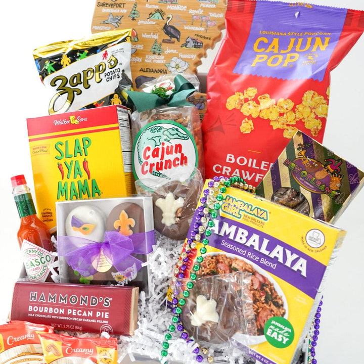 Photograph of a Louisiana themed gift basket featuring a state map background with local products like Slap Ya Mama seasoning, Zapp&