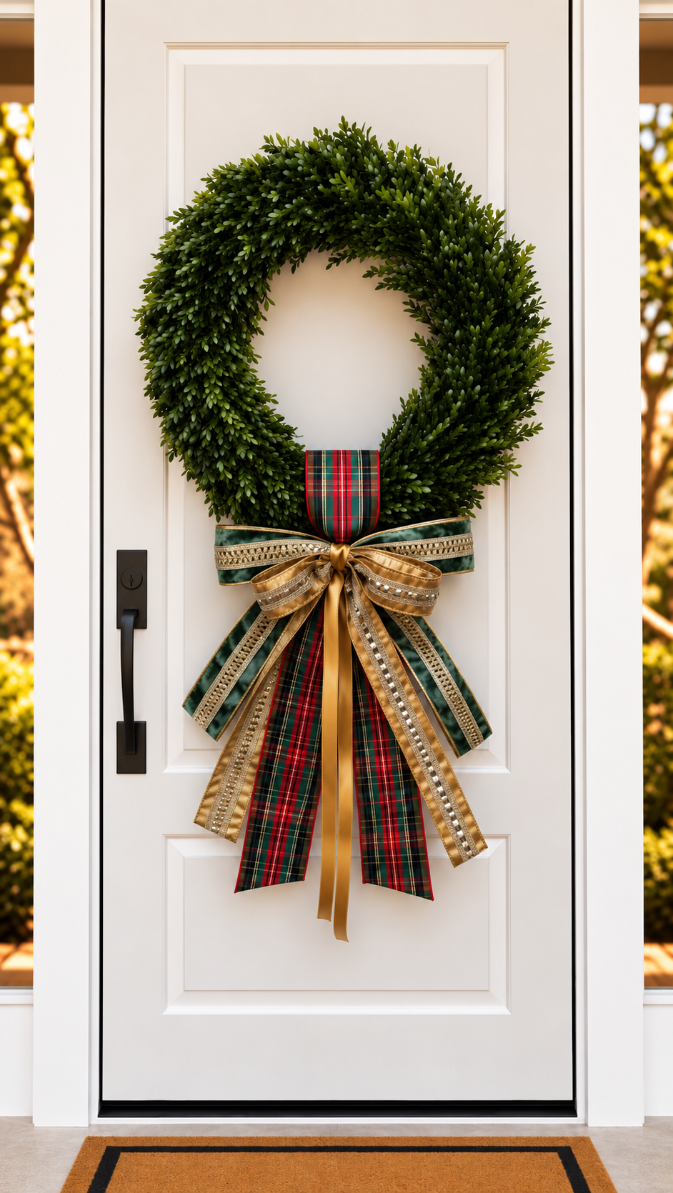 Boxwood wreath on a white front door with a red plaid, green velvet and gold ribbon sash and bow