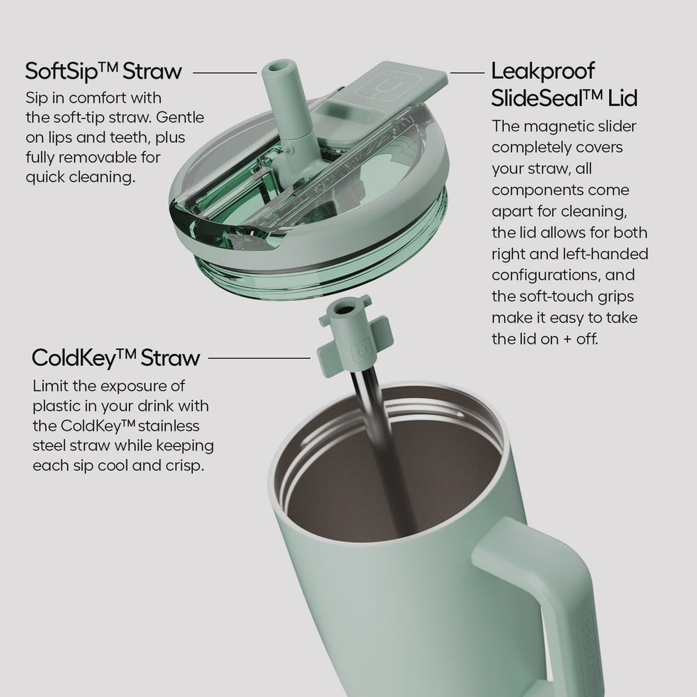 Digital product illustration by BrüMate showing an exploded view of a sage green insulated tumbler featuring a translucent Leakproof SlideSeal lid with a magnetic slider, a SoftSip silicone tip, and a stainless steel ColdKey straw