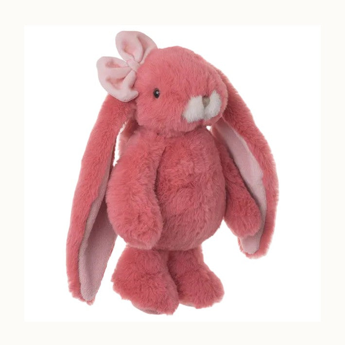 Plush toy by Jellycat of a pink bunny rabbit with long floppy ears, a soft pale pink bow, and a white muzzle set against a white background