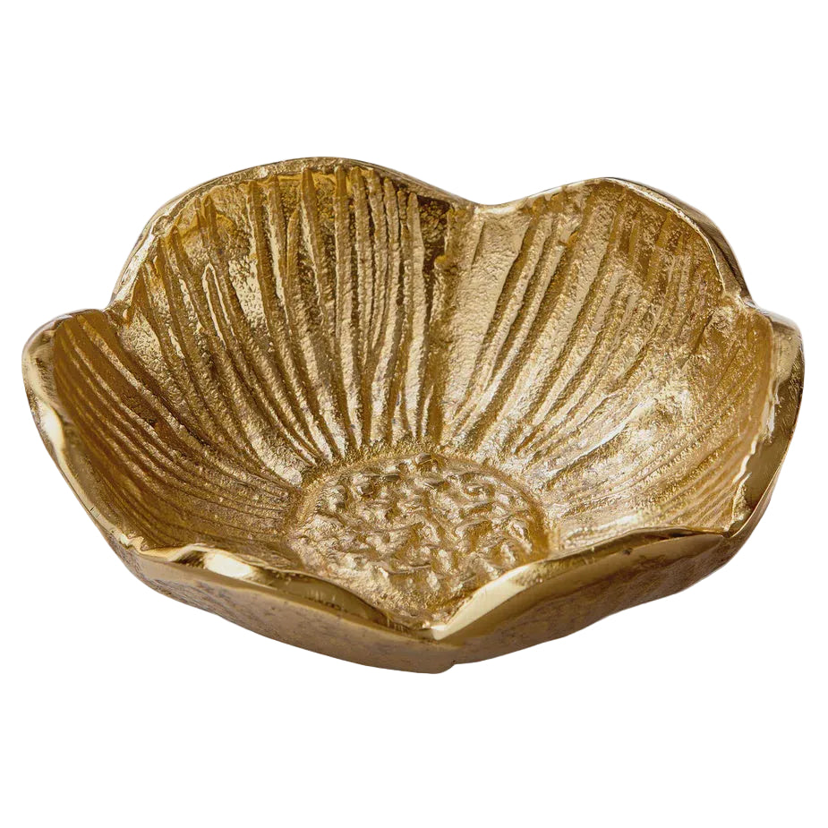 Gold-finished cast metal decorative bowl shaped like an anemone flower featuring deeply textured ribbed petals and a granulated center stamen set against a plain white background