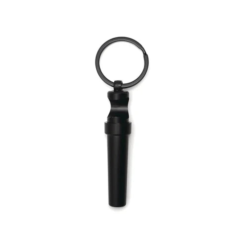 Studio photograph of a matte black metal keychain bottle opener centered on a white background featuring a sleek cylindrical handle and a distinct integrated hook attached to a circular ring