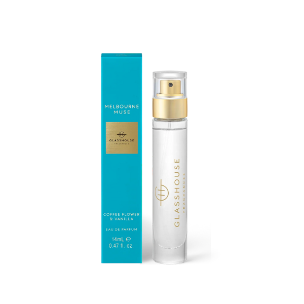 Commercial product photography by Glasshouse Fragrances featuring the Melbourne Muse Eau de Parfum 14mL travel spray and its vibrant teal box with gold foil branding and a slim clear glass bottle with a metallic gold nozzle