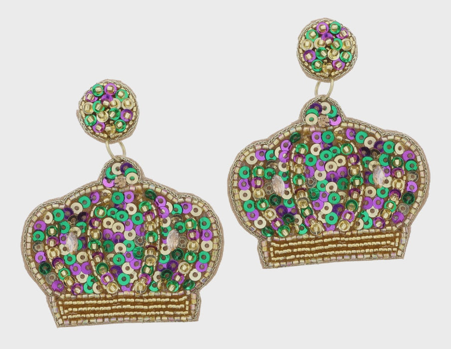 Gold, Green, Purple Sequin and Gold Beaded Crown Earrings