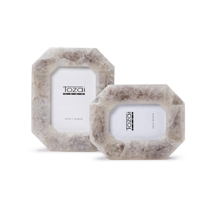 Smoky quartz stone picture frames by Tozai Home featuring a set of two octagonal frames displayed on a white background with natural crystalline patterns, beveled edges, and neutral shades of taupe and cream stone marbling