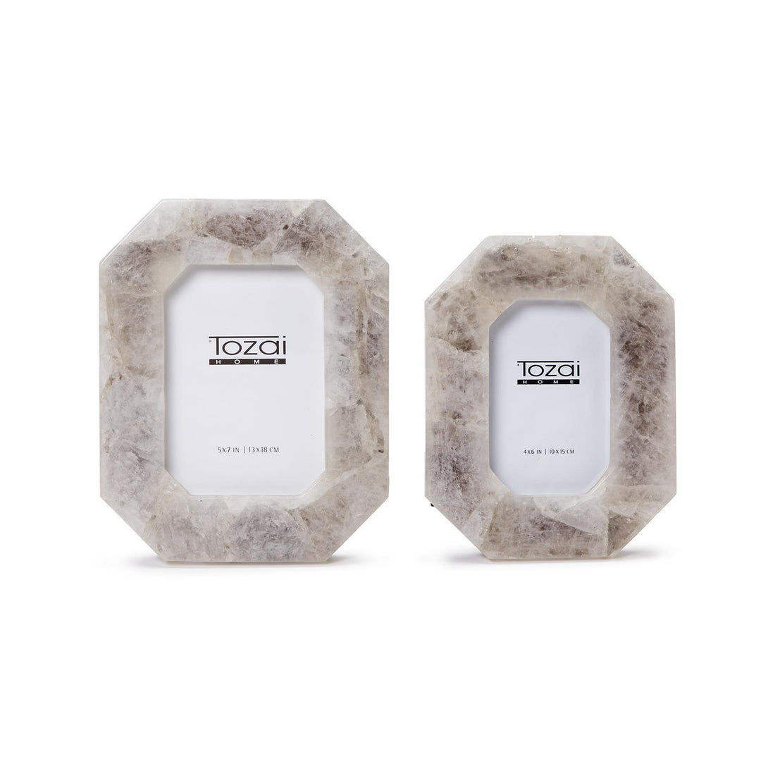 Tozai Home smoky quartz octagonal picture frames featuring two handcrafted crystalline stone frames with natural translucent veining and geometric beveled edges displaying the Tozai Home brand logo inserts