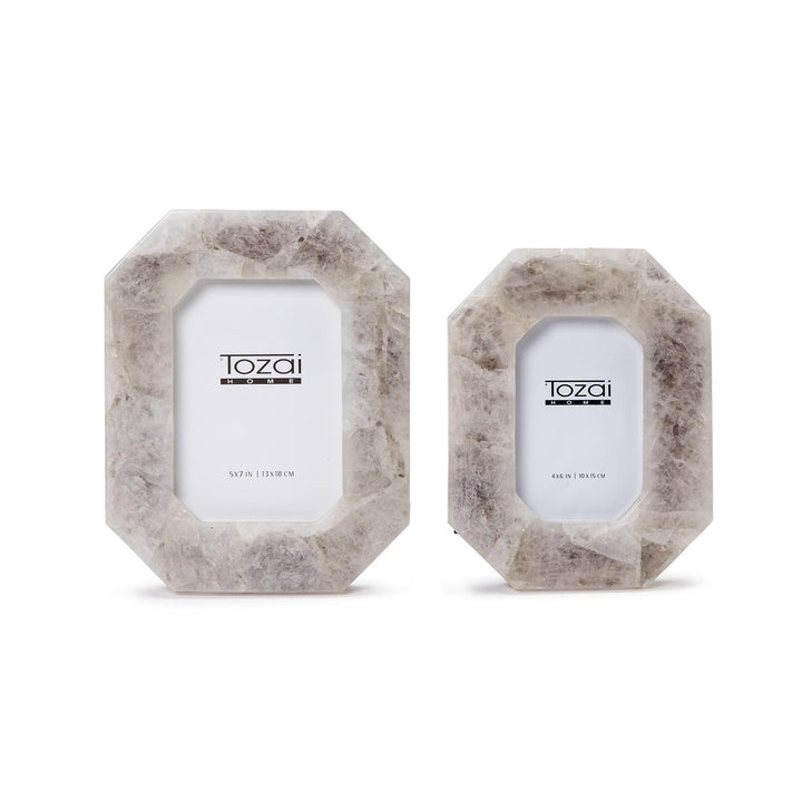 Tozai Home smoky quartz octagonal picture frames featuring two handcrafted crystalline stone frames with natural translucent veining and geometric beveled edges displaying the Tozai Home brand logo inserts