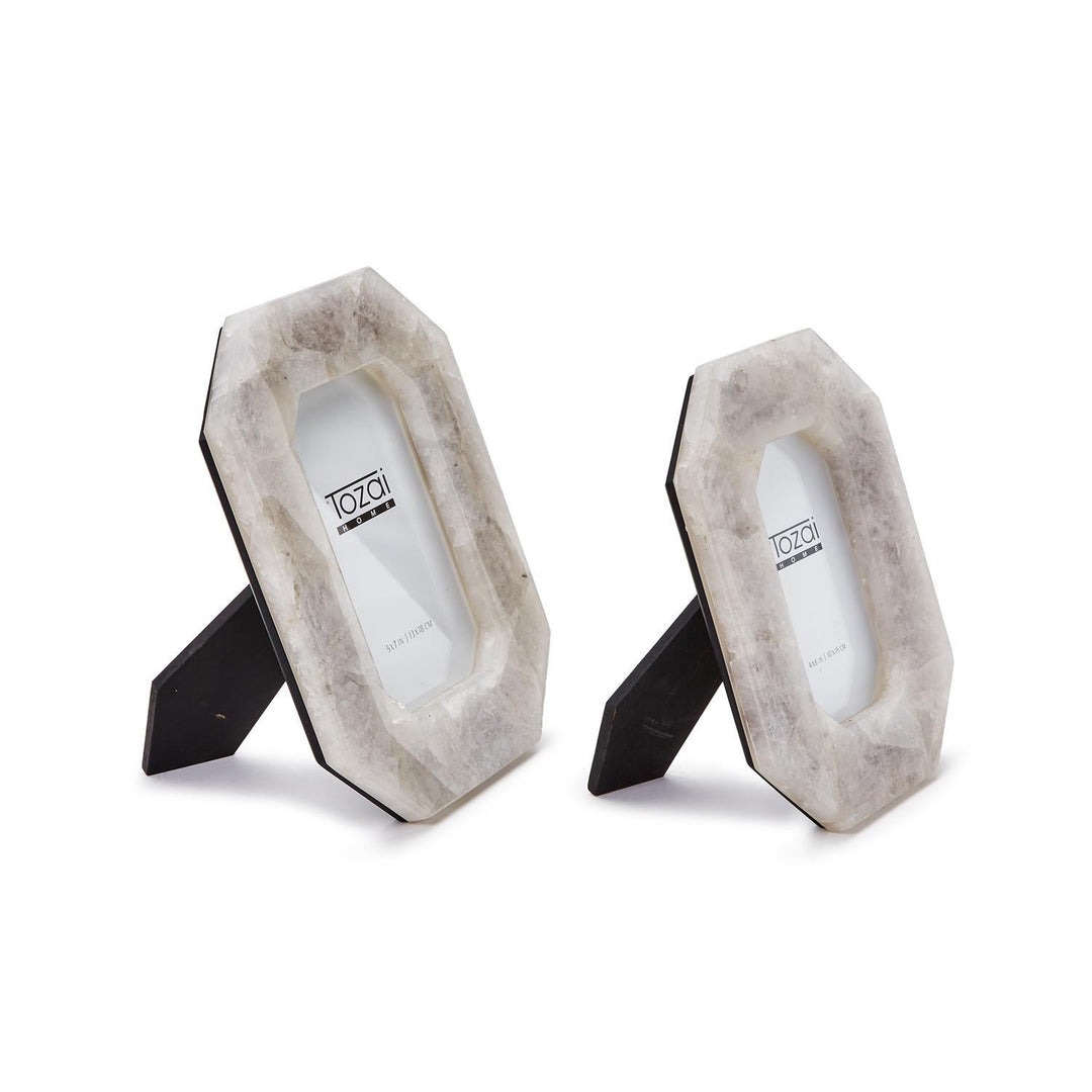 Tozai Home natural rock crystal frames featuring a set of two octagonal picture frames on a white background with translucent grey marbling, beveled edges, and black easel stands