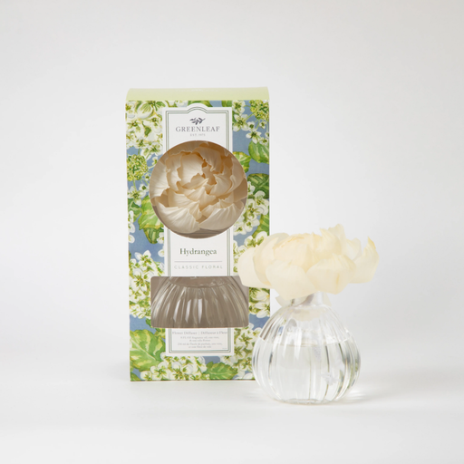 Commercial product photography by Greenleaf of a Hydrangea Flower Diffuser in a studio setting featuring a fluted clear glass vase, a cream sola wood flower, and a packaging box with detailed blue and white hydrangea illustrations
