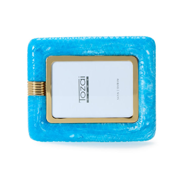 Peacock blue textured photo frame with gold trim shown in horizontal orientation