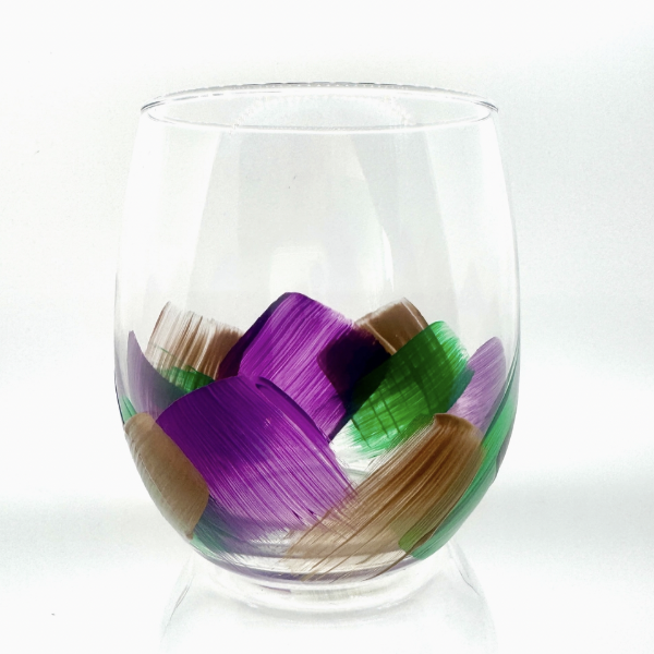 Hand-Painted Mardi Gras Stemless Wine Glass