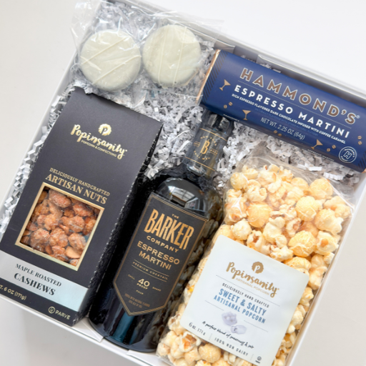 Gift set with Barker Espresso Martini, Popin' Corn popcorn, and Popin' Candy cashews.