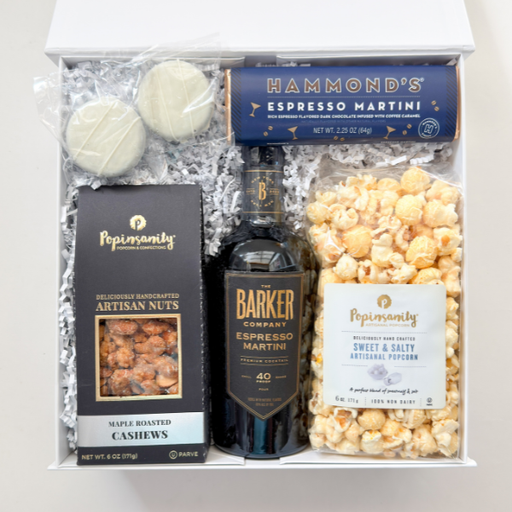 Gift set with Barker Espresso Martini, Popin' Corn sweet and salty popcorn, and Popin' Corn cashews.